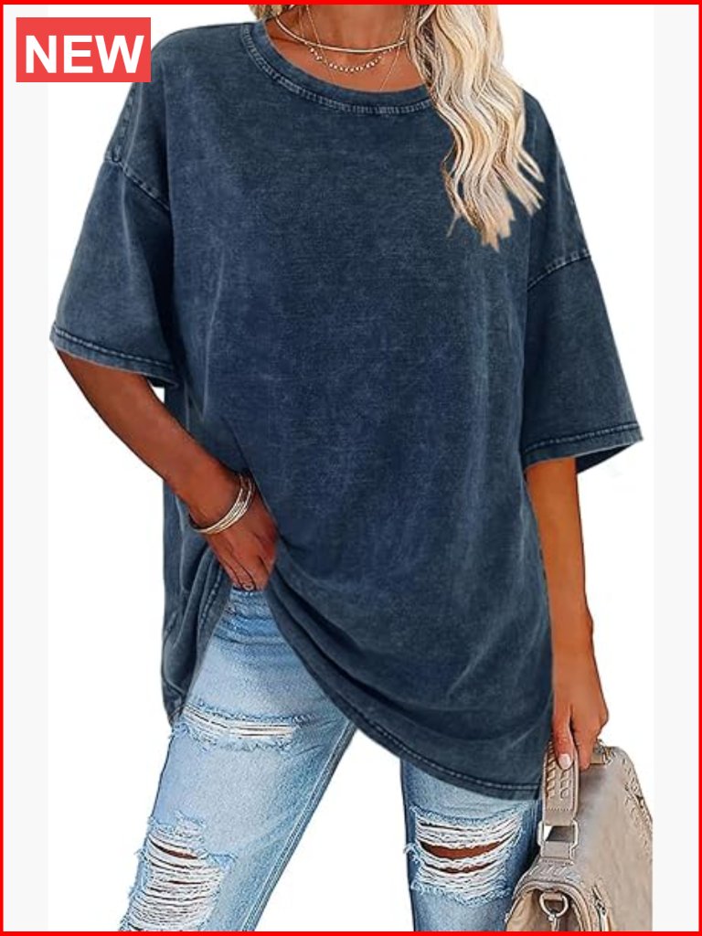 Oversized Vintage Cotton Tee Crewneck Short Sleeve Tunic Top Loose Fit